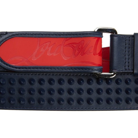 Christian Louboutin LOUBI Logo Spike Studded Leather Belt Navy Blue - Picture 2 of 10